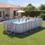 Kit de piscine rectangulaire à structure métallique (20 pi x 11 pi x 47 po) avec pompe à filtre à sable et échelle amovible – Grande piscine pour jardin (gris)