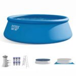 Kit piscine hors sol extérieure, PVC et acier, bleu, montage facile avec échelle, couverture, pompe de filtration GFCI 1000 GPH et 6 réservoirs