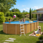 Piscine hors sol acier ovale 9,15 x 4,55 x 1,32 m aspect bois OSMOSE – Image 2