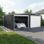 Garage double 637x513cm en acier galvanisé gris anthracite avec portes enroulables – Image 3