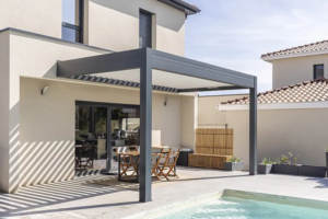 Pergola Bioclimatique Aluminium H2 Adossée Lames Orientables Parallèles Électrique (Moteur Vérin Télécommande) Sur Mesure À Chaque Poteau (Recommandé