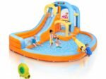 Parc aquatique gonflable 5 en 1, comprenant un toboggan aquatique gonflable avec souffleur d'air, un mur d'escalade, une zone de double saut, une pataugeoire, un canon à eau, etc.