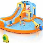 Parc aquatique gonflable 5 en 1, comprenant un toboggan aquatique gonflable avec souffleur d'air, un mur d'escalade, une zone de double saut, une pataugeoire, un canon à eau, etc.